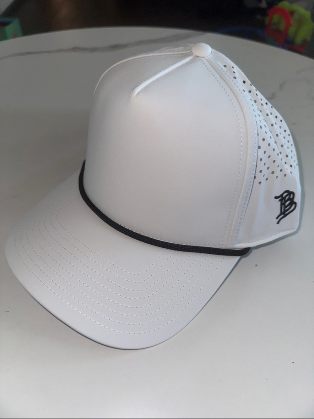 Blank White Perforated Baseball Cap with Black Trim
